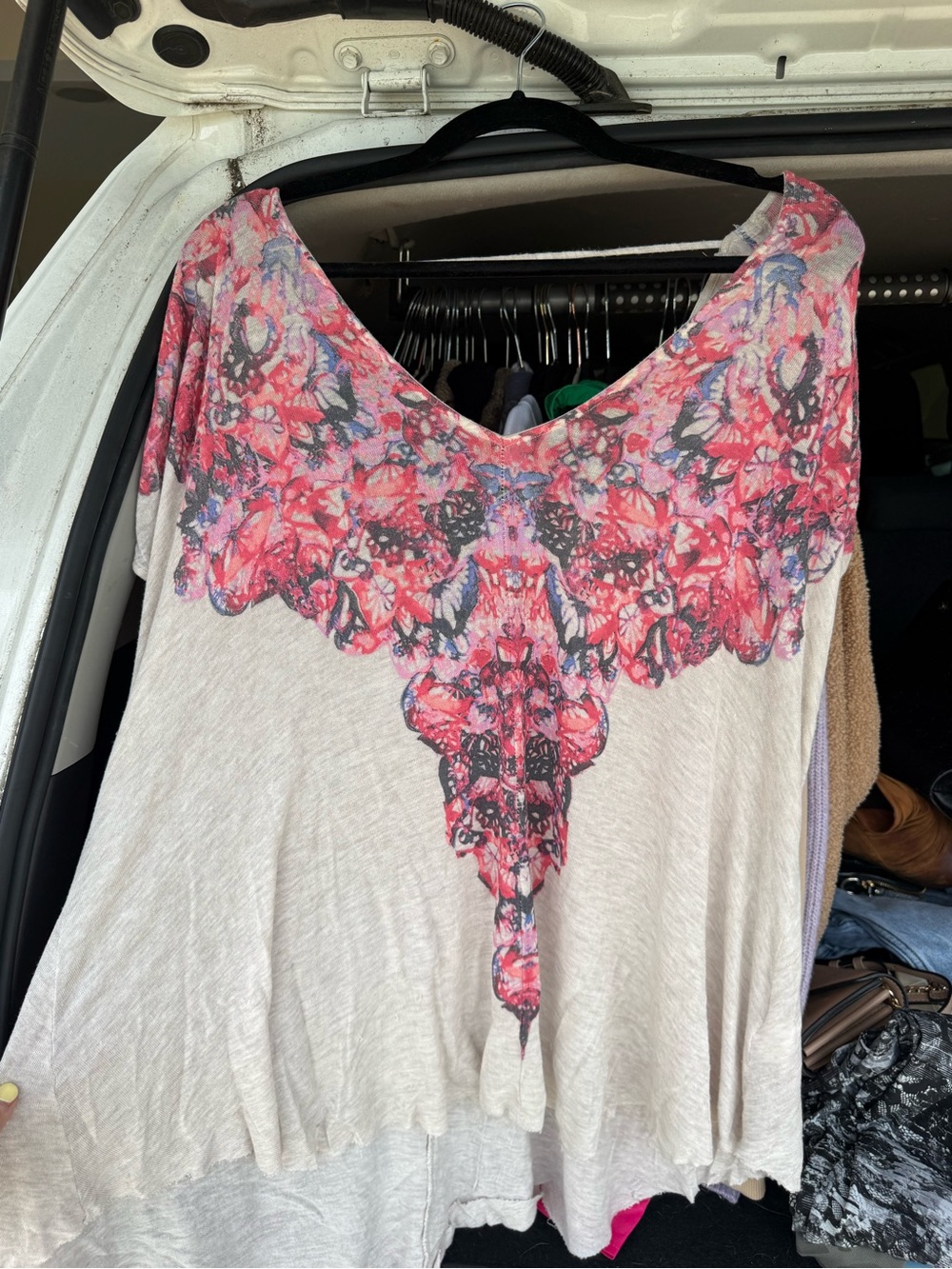 Free People Women's Cream Tee with Pink Floral Accent